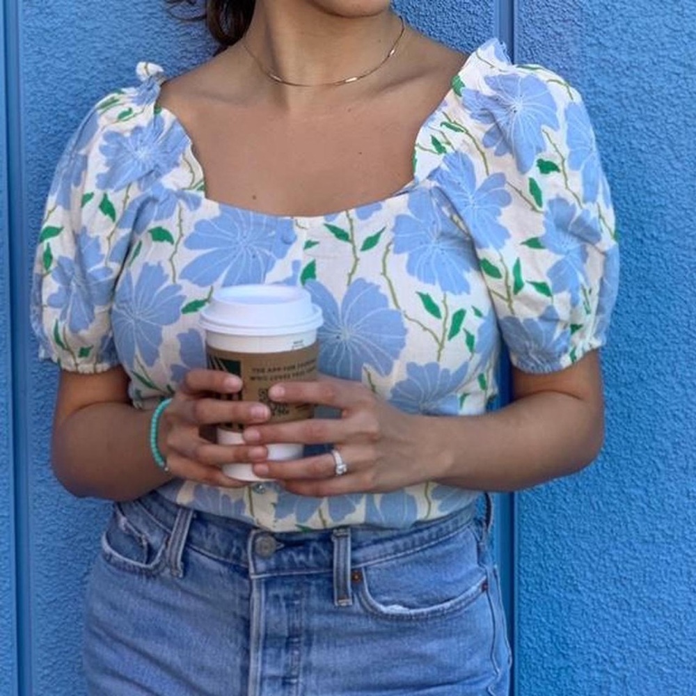 Who What Wear Blue Floral Crop Top Puff Sleeve Linen Size XXL